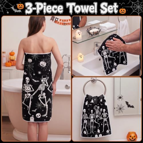 Moukeren Set of 3 Halloween Bathroom Towels Gothic Skull Bath Towel Hand Towels and Washcloth Soft Spooky Black White Decorative Towel Housewarming Gifts for Farmhouse Bathroom Kitchen