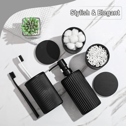 KASUNTING Matte Black Bathroom Accessories Set, 4 Pcs Glass Bathroom Accessory Set, Soap Dispenser, Toothbrush Holder, Qtip Holder Set, Bathroom Sets Complete, Bathroom Sink Set for Modern Home Decor