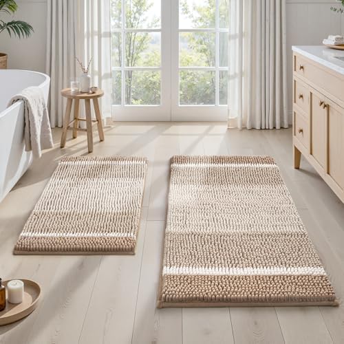 HOMEIDEAS Beige Bathroom Rugs Set of 2, Striped Chenille, 20"x32"+17"x24"