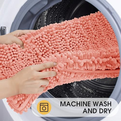 ACCUMTEK Upgrade Luxury 2 Piece Coral Toilet Bathroom Rug Mat U Shape 24"x20"+48"x20", Ultra Soft Thick Absorbent Bath Mats, Non Slip Chenille Toilet Mat for Bathroom, Bedroom, Kitchen, Shower, Tub