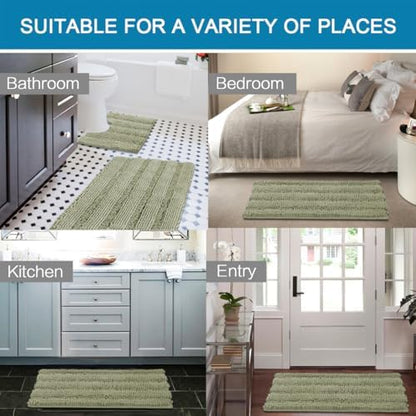 H.VERSAILTEX Bathroom Rug Sets 2 Piece Bath Mats Non Slip Thick Soft Chenille Striped Bath Rug achine Washable Shower Floor Rugs for Tub, Shower and Floor (Eucalyptus Green, 47"x17" Plus 20"x20" U)