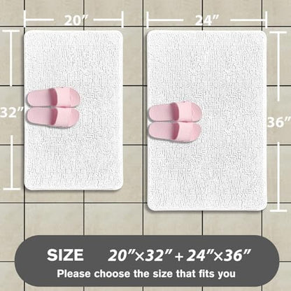 White Bathroom Rugs Sets 2 Piece – Absorbent and Washable Bath Mat, Non-Slip, Thick Soft Chenille Bath Rugs for Bathroom Floor, Shower, Sink - 20" x 32"+24" x 36"