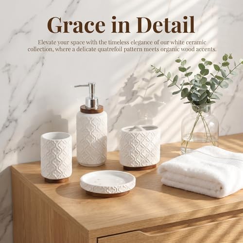 RQYIXI Ceramic Bathroom Accessories Set,White,4 Piece,Embossed Design