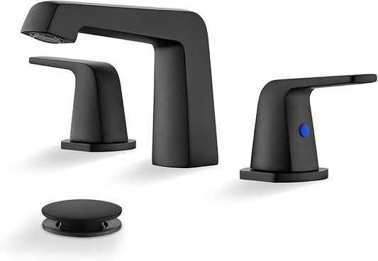 gotonovo Bathroom Sink Faucet 3 Holes 2 Handles Widespread 8 Inch Bathroom Faucet with Pop Up Drain Hot Cold Water Supply Lines Lavatory Vanity Mixer Tap, Thick Style, Matte Black
