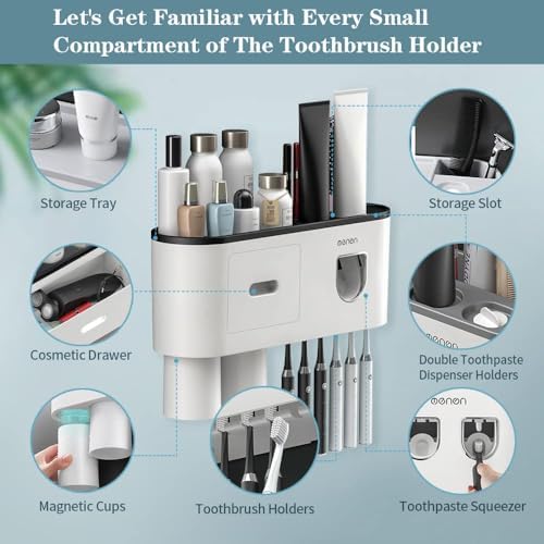 Toothbrush Holders Wall Mounted, Toothbrush Holder with Automatic Toothpaste Dispensers, 6 Brush Slots, 2 Magnetic Cups,1 Cosmetic Drawer Organizer and 1 Large Storage Tray