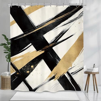 Abstract Modern Minimalist Shower Curtain 60Wx72L Inch Black Gold Neutral Contemporary Art Aesthetic Simple Bathroom Set Accessories Decor with 12 Pack Hooks