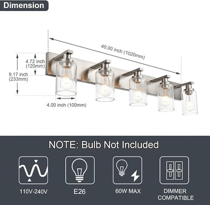 Bathroom Lights Fixtures Over Mirror, Brushed Nickel Vanity Lighting with 5 Seeded Glass Lampshades for Kitchen Living Room