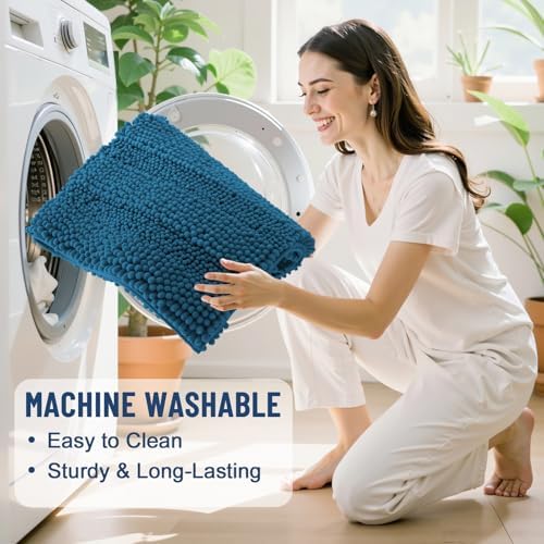 Grandaily Chenille Striped Bathroom Rugs 30x20, Extra Thick and Absorbent Bath Mats, Non-Slip Soft Plush Shaggy Shower Carpet, Machine Wash Dry, Bath Rug for Bathroom, (Medium, Peacock Blue)