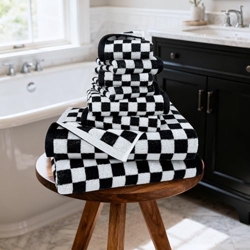 Black and White Towels Set of 8, Cute Checkered Towels for Bathroom Decor
