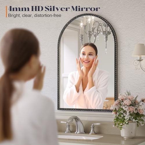 Black Arched Mirror, 24"x36" Beaded Arch Wall Mirror for Bathroom
