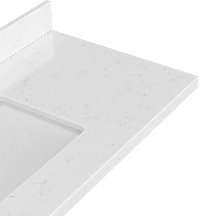 ARIEL 36 inch Bathroom Vanity top with Sink, 1.5 Inch Thick Miter Edge Carrara White Quartz top, Left Offset Vanity top with Rectangle Porcelain Sink, Includes Backsplash