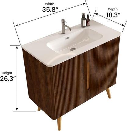 36" Modern Bathroom Vanity with Sink, Mid Century Modern Walnut Bathroom Cabinet with 2 Soft Close Doors, Large Storage with Adjustable Shelf