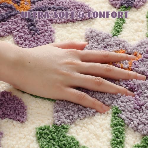 Cloud-Shaped Lily Bath Mat, Soft Non-Slip Fluffy Fresh Flowers Bathroom Rug, Ultra Absorbent Microfiber Shaggy Door Mat, Machine Washable Bath Rug Carpet for Bathtub Bedroom 20x31 Inch (Purple Lily)