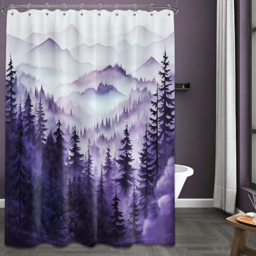 Dark Purple Forest Shower Curtain, 60X72 in, Mountain Rustic Pine Tree