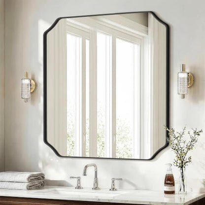 Delma Bathroom Vanity Mirror, Black Framed Aluminum Bathroom Mirror for Over Sink, Scalloped Round Corner Wall Mirror, High-Definition Vanity Mirror, Hangs Horizontally or Vertically (36x30,Black)