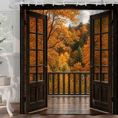 Fall Shower Curtain, Autumn Forest Window View Decor Bathroom Curtains, Maple Leaves Open Door Balcony Rustic Farmhouse Waterproof Polyester Shower Curtain with Hooks,72x72 Inch