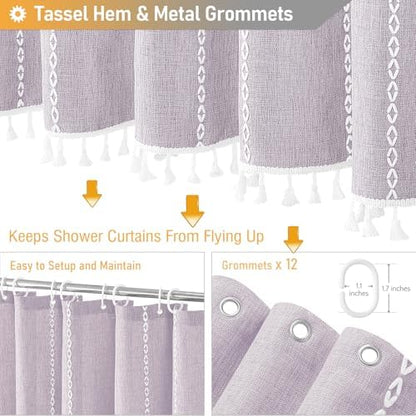 BTTN 72x78 Long Boho Farmhouse Linen Heavy Duty Shower Curtain, Lavender