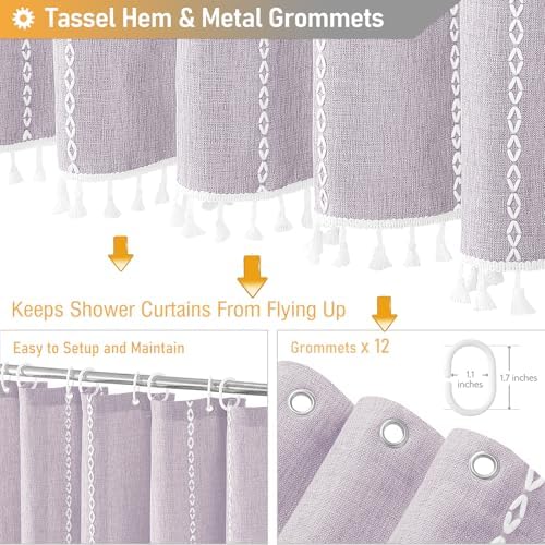 BTTN 72x84 Long Boho Farmhouse Linen Heavy Duty Shower Curtain, Lavender