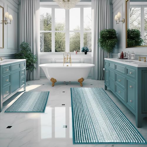 BSICPRO Bathroom Rugs Sets 2 Piece, Non Slip Striped Bath Mats, Teal