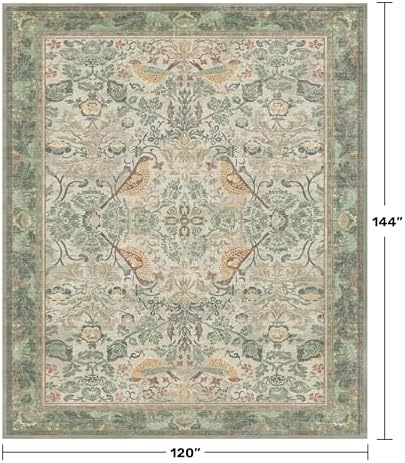 Botanical Sage Rug for Living Room - Washable 10x12 Area Rug for Dining Room Under Table, Extra Large Bedroom - Boho Bird Farmhouse Light Green Decor, Soft Low PileNon-Slip & Stain Resistance