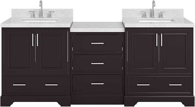 ARIEL Stafford 84-inch Bathroom Vanity with Sink,Solid Wood, 1.5in Italian Carrara Marble Countertop, Double Rectangular Porcelain Sink, 4 Soft Closing Doors, 5 Dovetail Drawers, Espresso