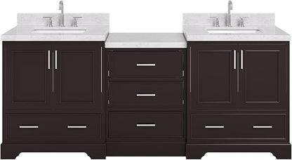 ARIEL Stafford 84-inch Bathroom Vanity with Sink,Solid Wood, 1.5in Italian Carrara Marble Countertop, Double Rectangular Porcelain Sink, 4 Soft Closing Doors, 5 Dovetail Drawers, Espresso