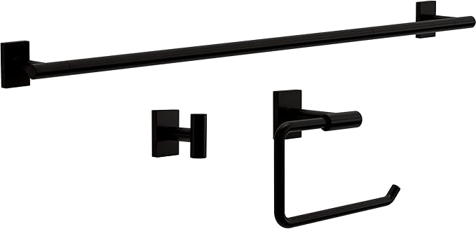 Franklin Brass Hartwell 3-Piece Bathroom Set Matte Black 18" + 6" Towel Rack, Toilet Paper Holder/Hand Towel Holder, Hook | 3-Piece Bath Hardware Accessories Set HRT63-MB