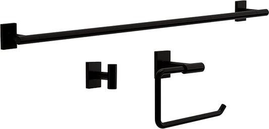 Franklin Brass Hartwell 3-Piece Bathroom Set Matte Black 18" + 6" Towel Rack, Toilet Paper Holder/Hand Towel Holder, Hook | 3-Piece Bath Hardware Accessories Set HRT63-MB