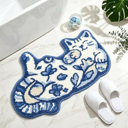 Cute Cat Bath Mat, Unique Blue Small Fun Bathroom Rug