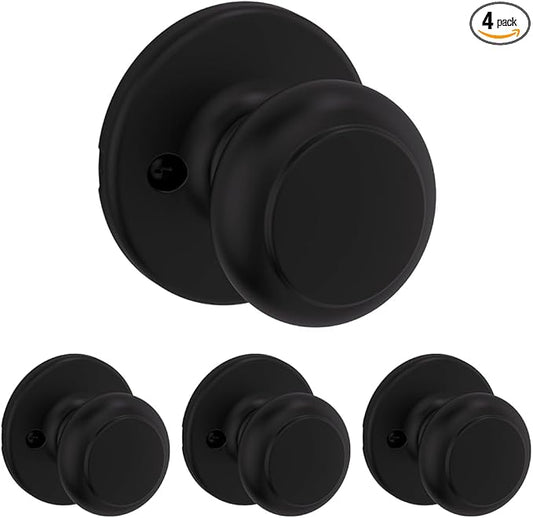 Kwikset Cove Dummy Door Knob, Single Sided Handle for Closets, French Double Doors, and Pantry, Matte Black Non-Turning Interior Push/Pull Door Knob (Pack of 4)