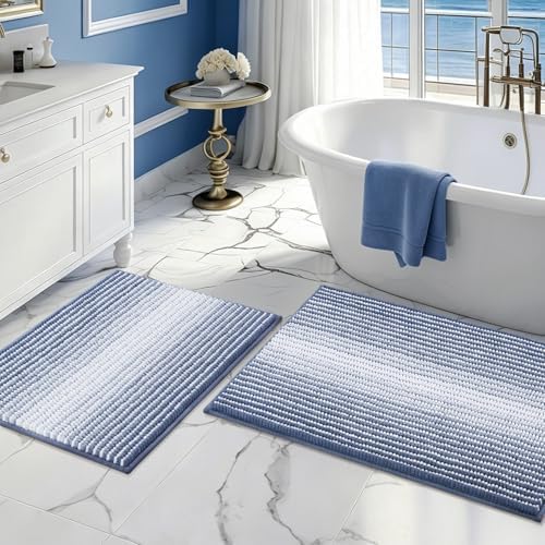 BSICPRO Bathroom Rugs Sets 2 Piece, Non Slip Striped Bath Mats, Denim Blue