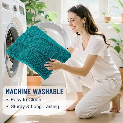 Grandaily Chenille Striped Bathroom Rugs 36x24, Extra Thick and Soft Absorbent Bath Mats, Rubber Backing, Plush Shaggy Shower Carpet, Machine Wash Dry, Bath Rug for Bathroom, Deep Lake