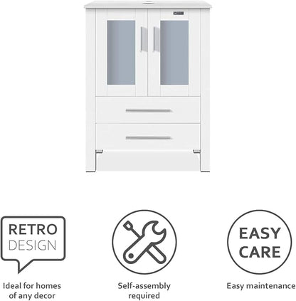 eclife 84" Modern Bathroom Vanity Sink Combo Freestanding Cabinet with Small Side Cabinet, White Curved Ceramic Vessel Sink, Water Save Faucet, Drain (White+T32)