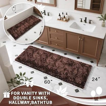 Yimobra Long Bathroom Rugs Runner 60x24 Inch, Extra Thick Soft Absorbent Chenille Bath Mat, Non Slip Machine Washable, Quick Dry Bath Rugs for Bathroom Floor, Tub and Shower, Brown