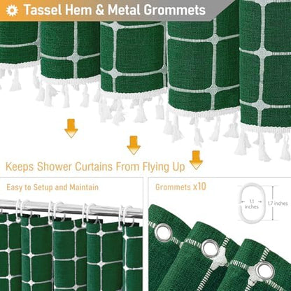 BTTN 54x78 Boho Linen Heavy Duty Fabric Shower Curtain Set, Emerald Green