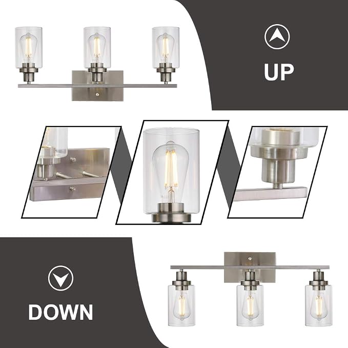 MELUCEE 3 Lights Wall Sconce Brushed Nickel Finished 20.5 Inch | Modern Bathroom Vanity Light Fixtures with Clear Glass Shade Suit for Porch Bedroom Foyer Kitchen (Patent No.: US D963914 S)