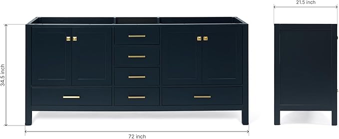 ARIEL Cambridge 72-inch Bathroom Vanity Base Cabinet,Solid Wood, 4 Soft Closing Doors, 6 Dovetail Drawers, Midnight Blue