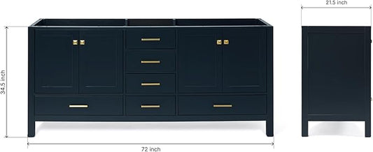 ARIEL Cambridge 72-inch Bathroom Vanity Base Cabinet,Solid Wood, 4 Soft Closing Doors, 6 Dovetail Drawers, Midnight Blue