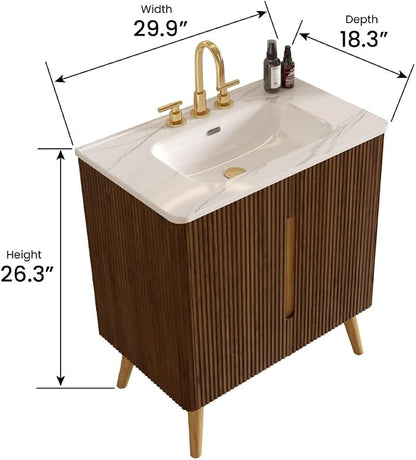 30" Modern Bathroom Vanity with Sink, Mid Century Modern Walnut Bathroom Cabinet with Carrara Marble Finish Sink, Doors, Large Storage with Adjustable Shelf