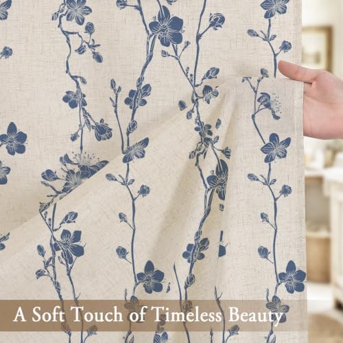 Navy Blue Farmhouse Linen Shower Curtain, Boho Floral Fabric, 72 x 78