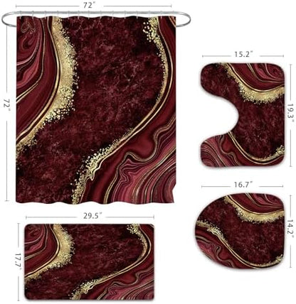 Gibelle 4 Pcs Luxury Marble Shower Curtain Set with Non-Slip Rugs, Toilet Lid Cover and Bath Mat, Gold Foil Red Bathroom Decor Set with Shower Curtain and Rugs and Accessories