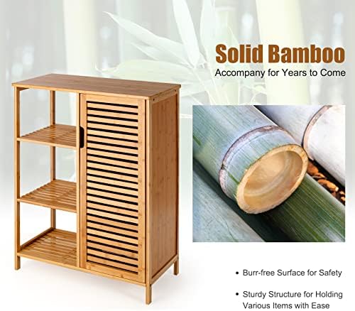 Tangkula Bamboo Bathroom Floor Cabinet, Storage Cabinet with Shutter Door and 3 Tier Shelves, Freestanding Bathroom Cabinet for Living Room Kitchen Hallway, Natural