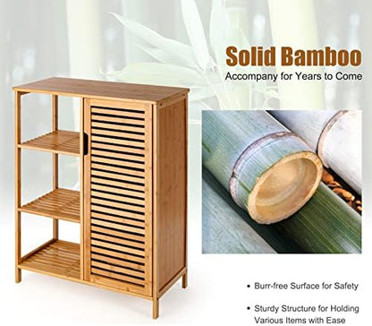 Tangkula Bamboo Bathroom Floor Cabinet, Storage Cabinet with Shutter Door and 3 Tier Shelves, Freestanding Bathroom Cabinet for Living Room Kitchen Hallway, Natural