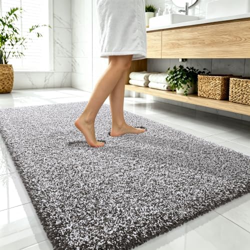 OLANLY Microfiber Bathroom Rugs 59x35, Quick Dry Mat, Dark Brown and White