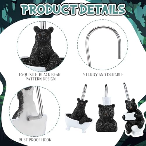 Roowest 12 Pcs Black Bear Shower Curtain Hooks, Stainless Steel Rings