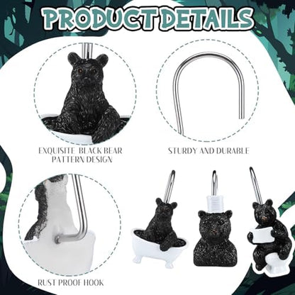 Roowest 12 Pcs Black Bear Shower Curtain Hooks, Stainless Steel Rings