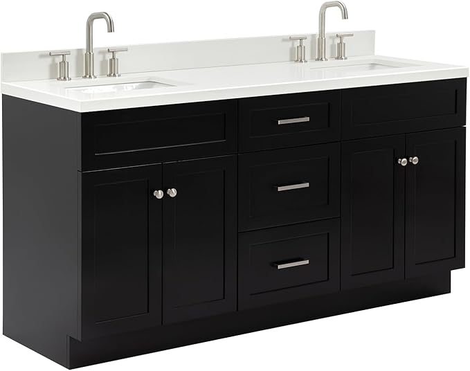 ARIEL Hamlet 66-inch Bathroom Vanity with Sink,Solid Wood, 1.5-inch Pure White Quartz Countertop & Backsplash, Double Rectangular Porcelain Sink, 4 Soft Closing Doors, 3 Dovetail Drawers, Black