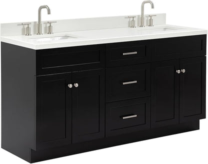 ARIEL Hamlet 66-inch Bathroom Vanity with Sink,Solid Wood, 1.5-inch Pure White Quartz Countertop & Backsplash, Double Rectangular Porcelain Sink, 4 Soft Closing Doors, 3 Dovetail Drawers, Black