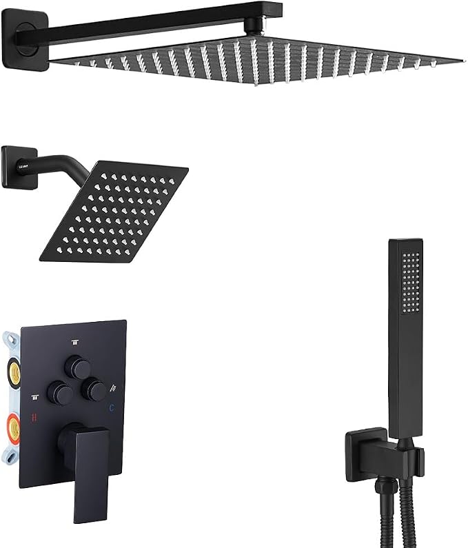 Shower Faucet Set Matte Black 10 Inch Wall Mount Rainfall Shower System with 2 Rain Shower Head and Handheld Head Push Button Diverter Shower Trim Kit and Rough-in Valve Body