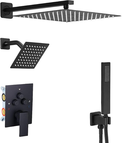 Shower Faucet Set Matte Black 10 Inch Wall Mount Rainfall Shower System with 2 Rain Shower Head and Handheld Head Push Button Diverter Shower Trim Kit and Rough-in Valve Body